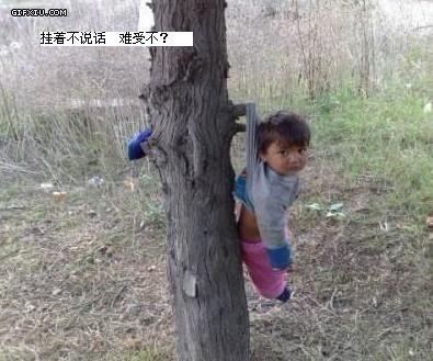 挂着说话难受不，宝宝被挂在树上了(点击浏览下一张趣图)