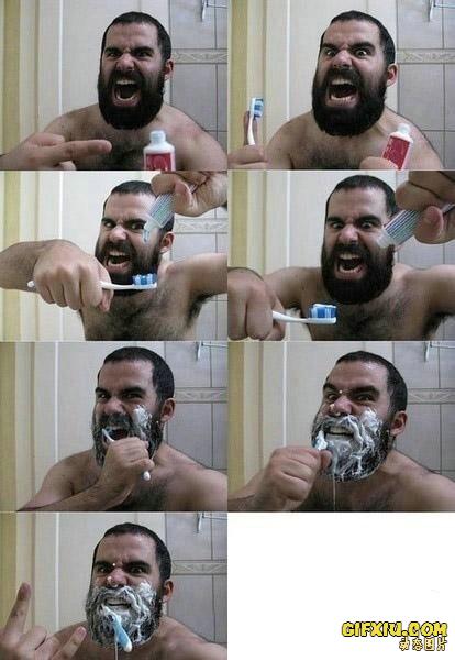 雷人的大胡子刷牙刷的牙膏满胡子都是(点击浏览下一张趣图)