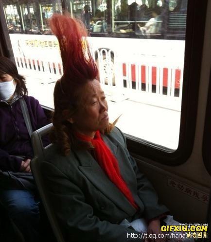 公交车上时尚大妈的发型雷倒全车(点击浏览下一张趣图)