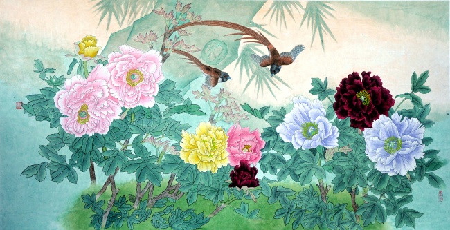五色牡丹花鸟画图片(点击浏览下一张趣图)