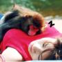 躺在美女胸部睡觉的小猴子 美女搞笑图片