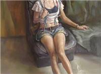 青年女人体油画图片,坐在沙发上的女人